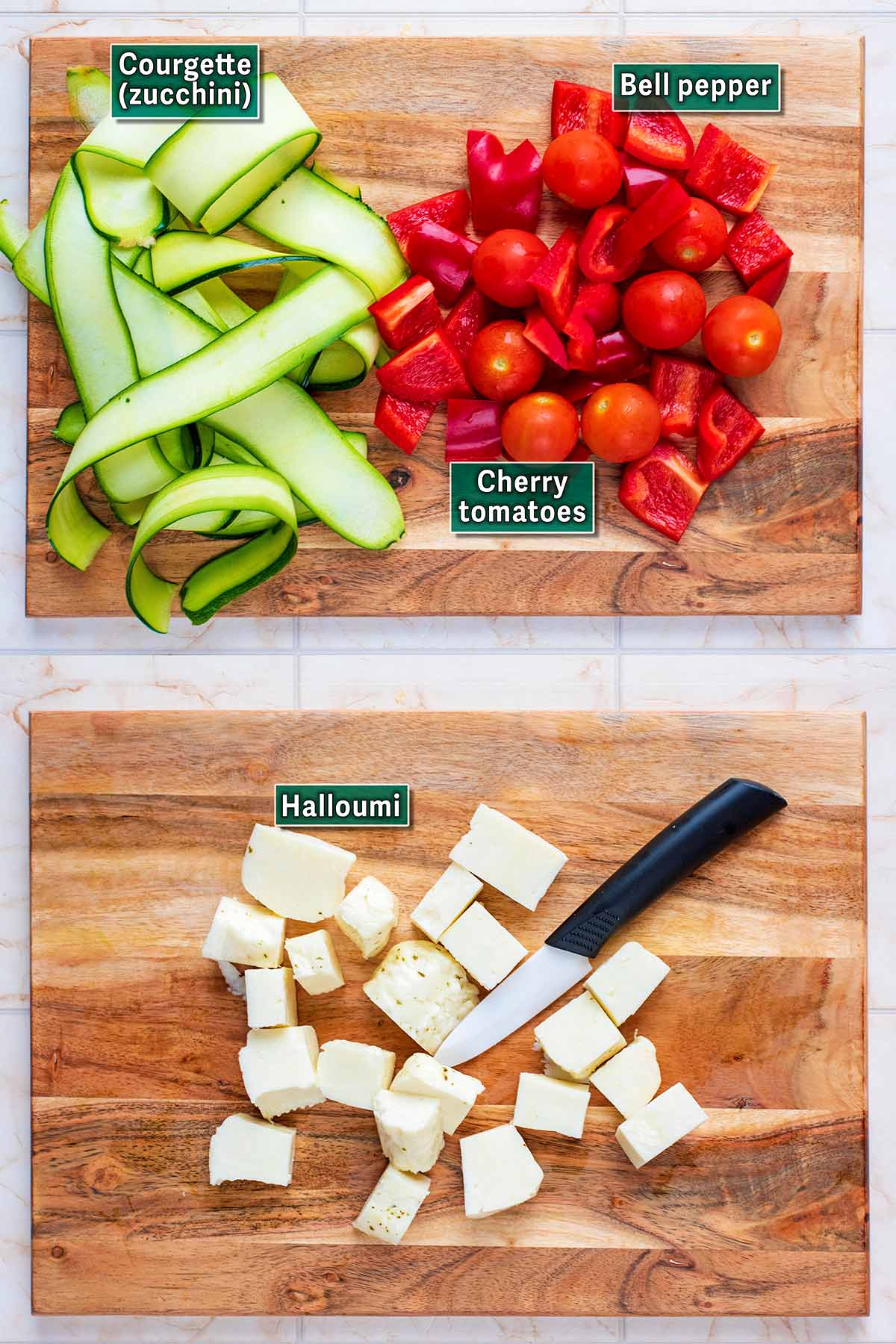 All the ingredients needed for this recipe laid out on a wooden surface with text overlay labels.