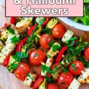Vegetable and halloumi skewers with a text overlay title.