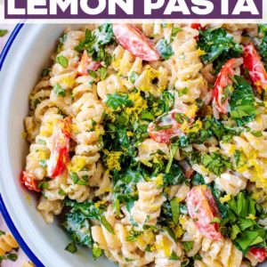 Creamy Lemon Pasta with a text title overlay.