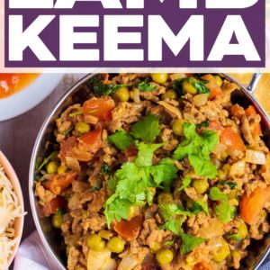 A bowl of lamb keema with a text title overlay.