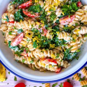 Creamy Lemon Pasta in a round white bowl.