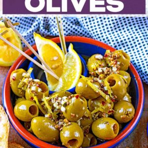 Spanish olives with a text title overlay.
