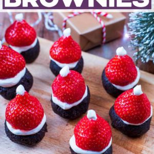 Santa hat brownies with a text overlay title.