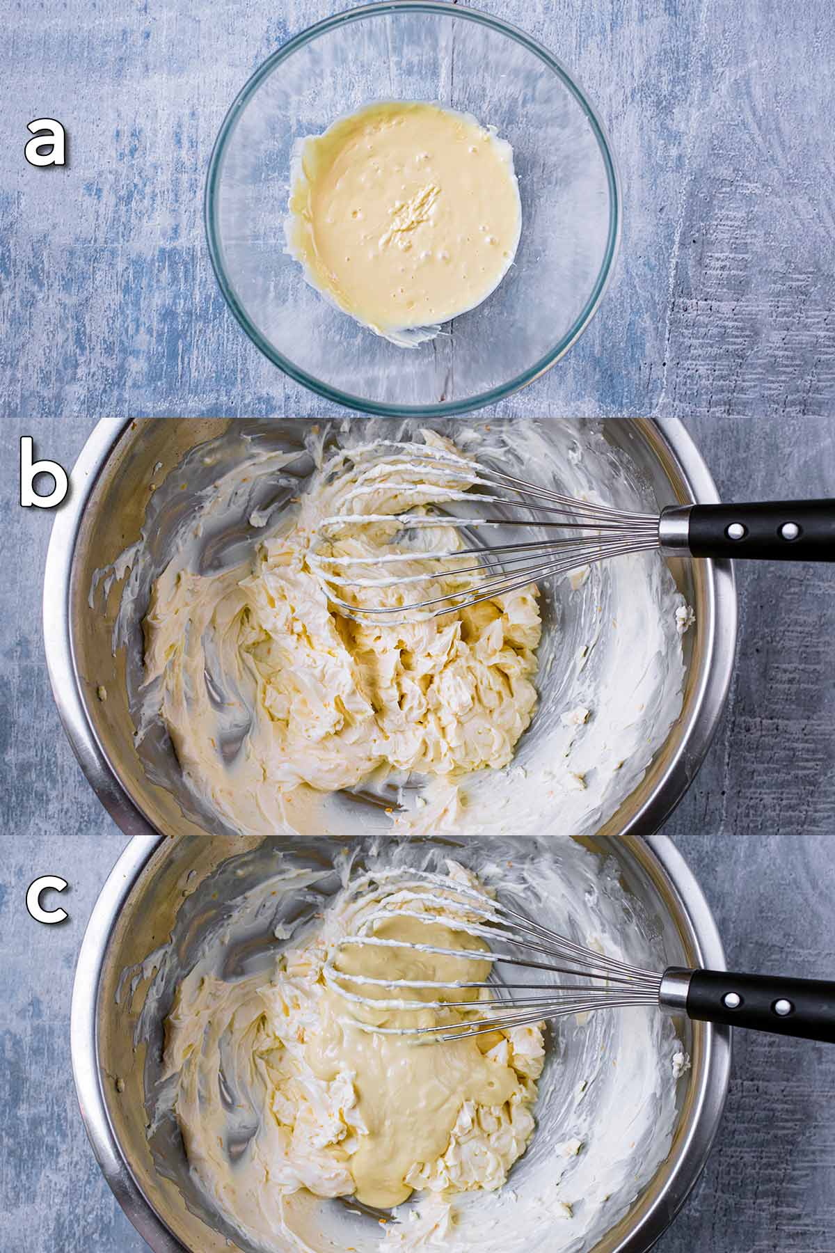 Three shot collage of melted white chocolate, whipped cream cheese, then both combined.