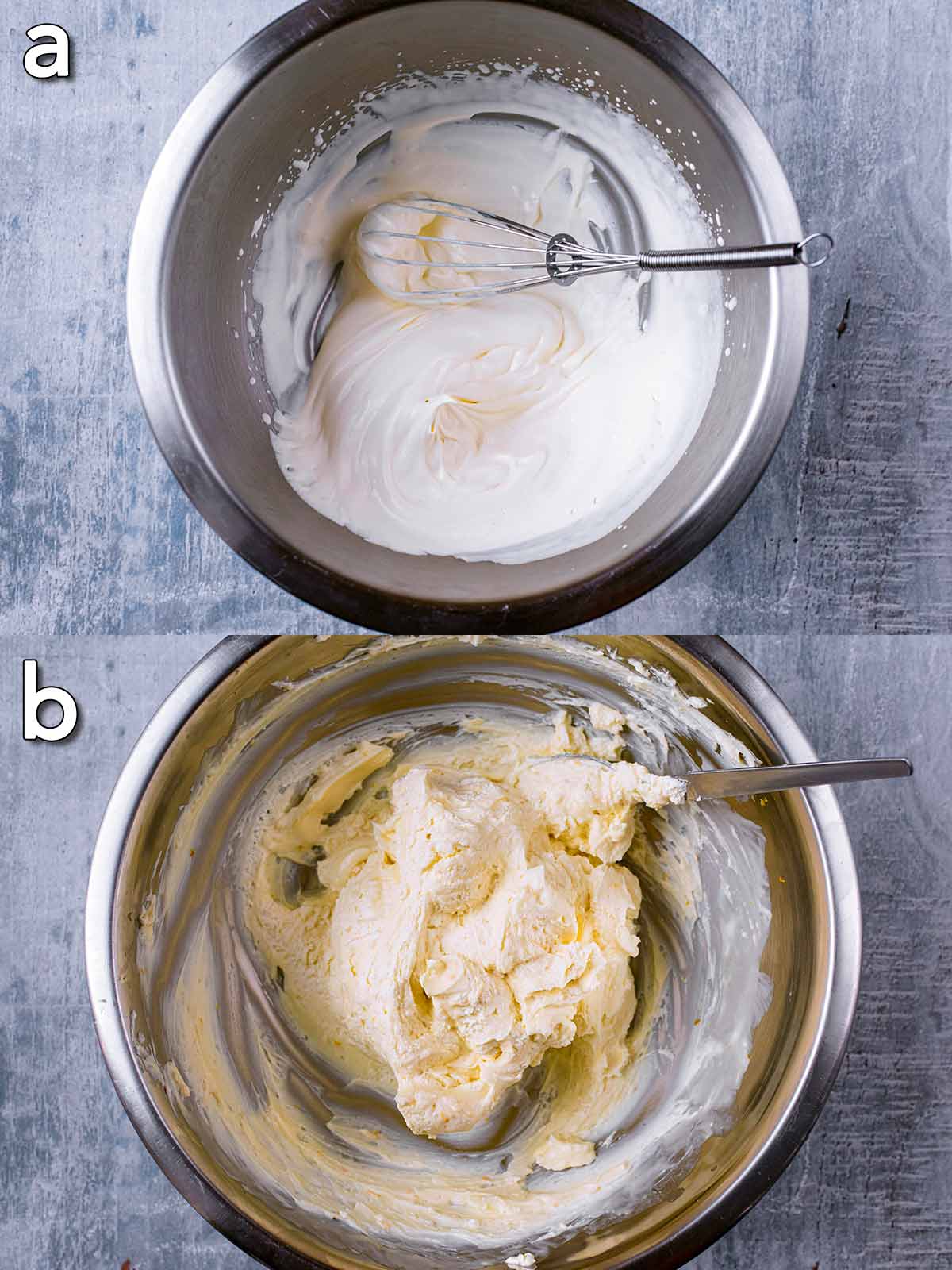 Two shot collage of cream being whipped then added to the cream cheese mixture.