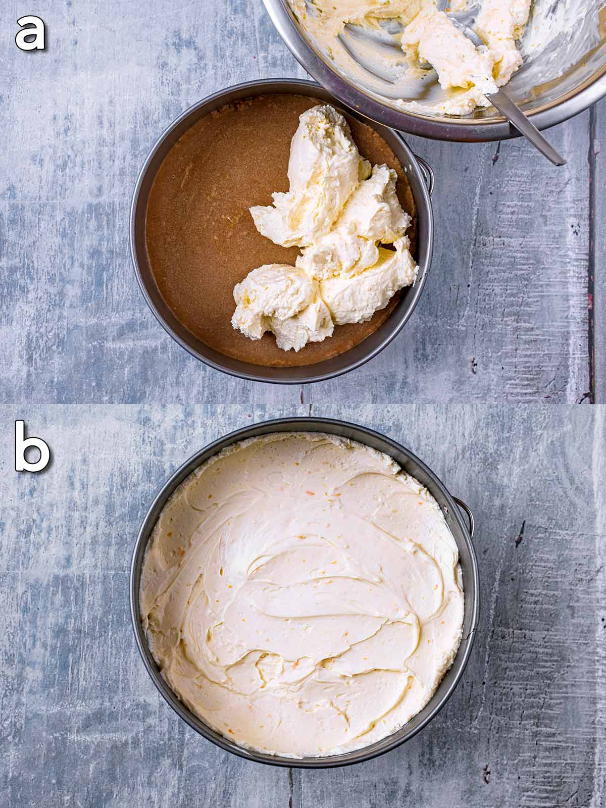 Two shot collage of cheesecake mixture being spooned onto the base, then smoothed over.