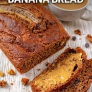 Healthy banana bread with a text overlay title.