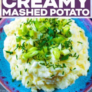 The best creamy mashed potato with a text title overlay.