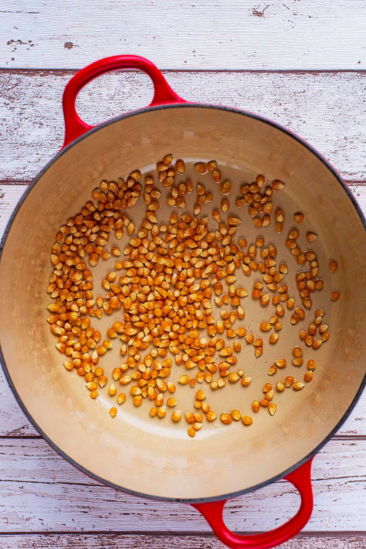 A large red pan containing popcorn kernels.