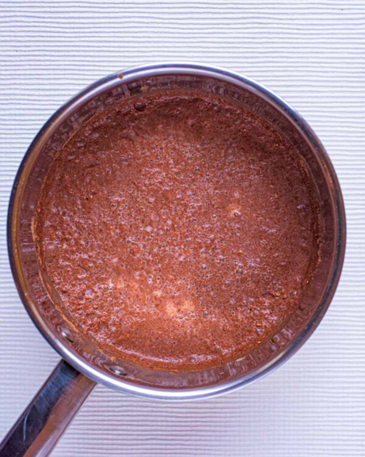 A saucepan containing hot chocolate.