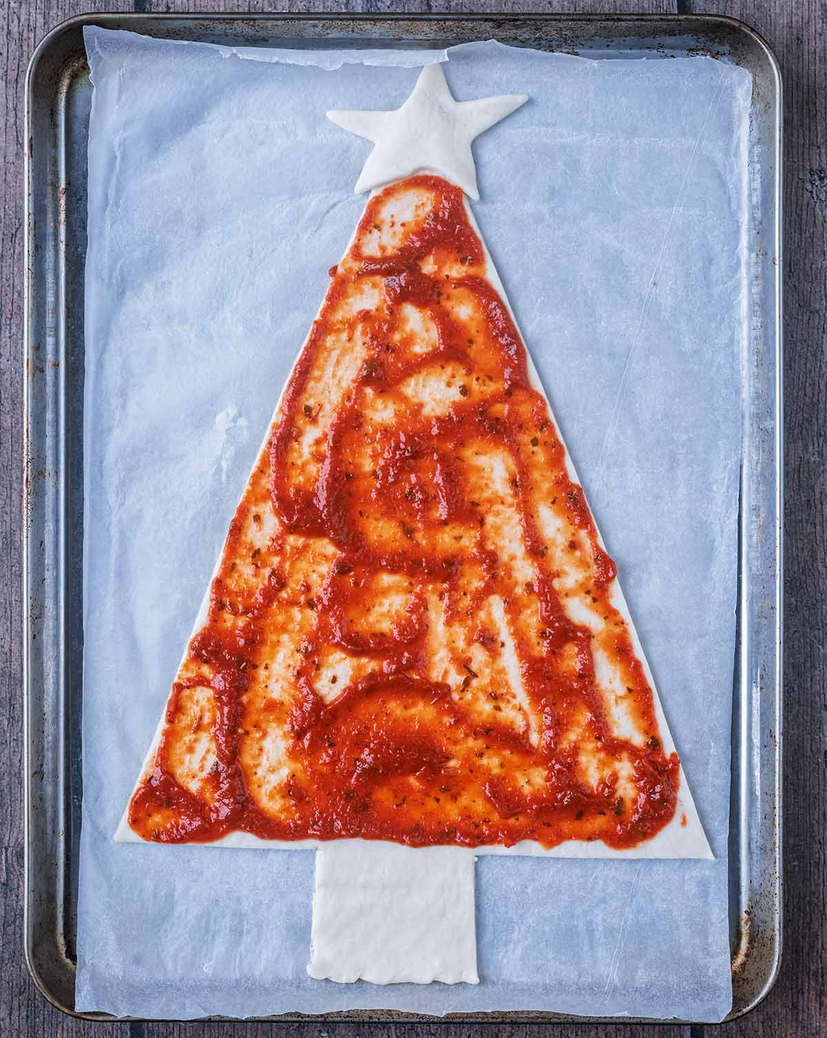 Pizza sauce added to the dough.