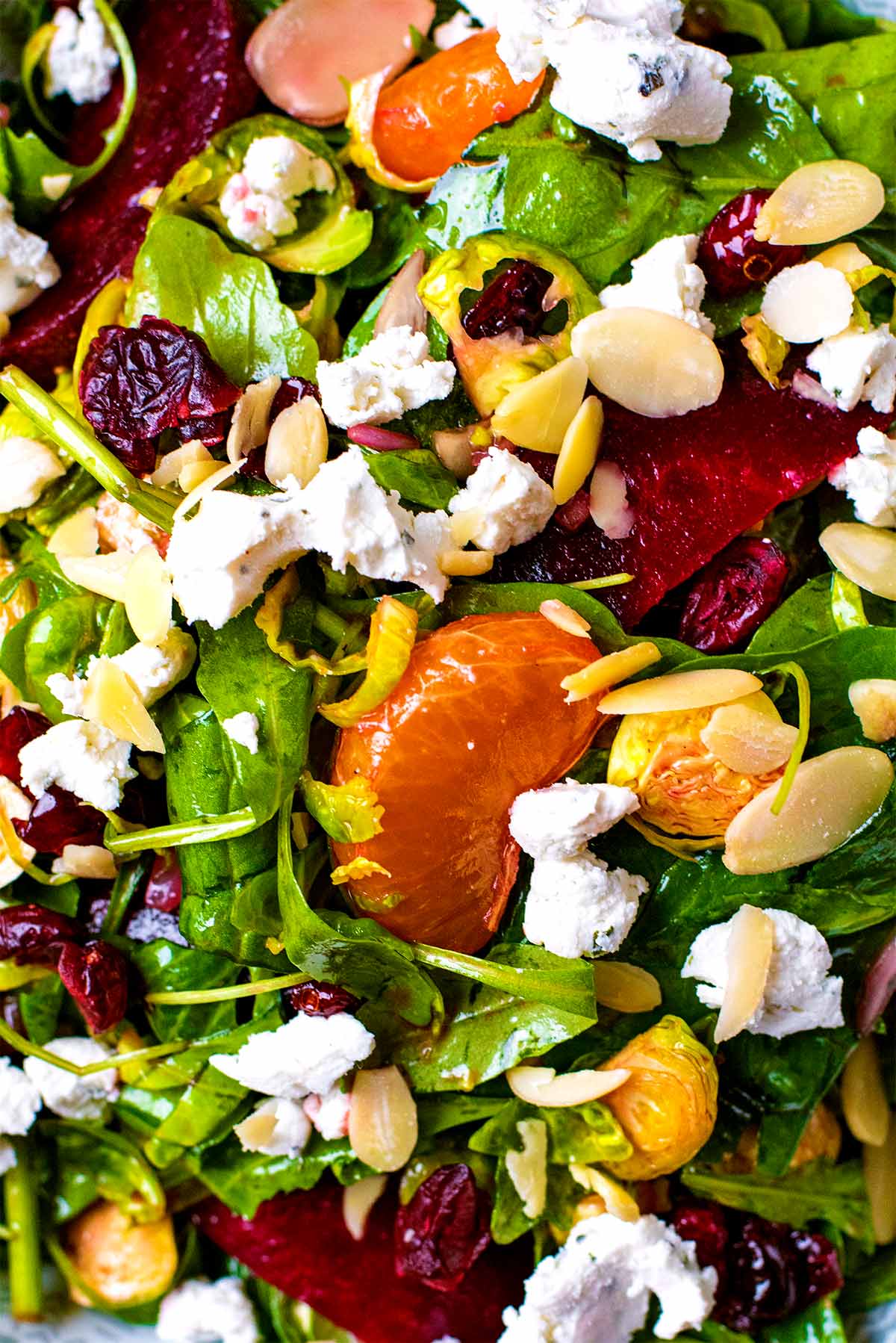 Salad leaves topped with clementines, beetroot, goats cheese, almonds and cranberries.