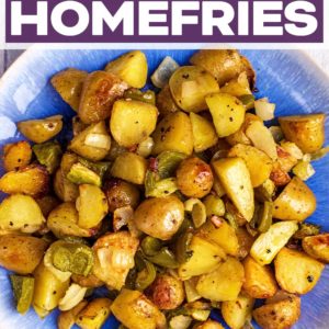 A plate of baked homefries with a text title overlay.