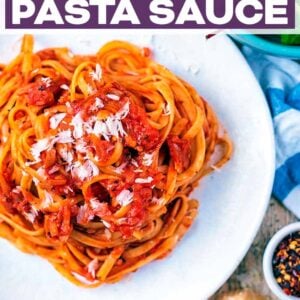 Tomato pasta sauce with a text title overlay.