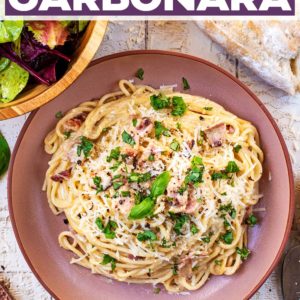 A bowl of healthy carbonara with a text title overlay.