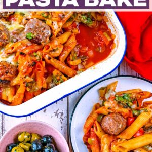 Meatball Pasta Bake with a text title overlay.
