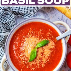 Tomato and basil soup with a text title overlay.