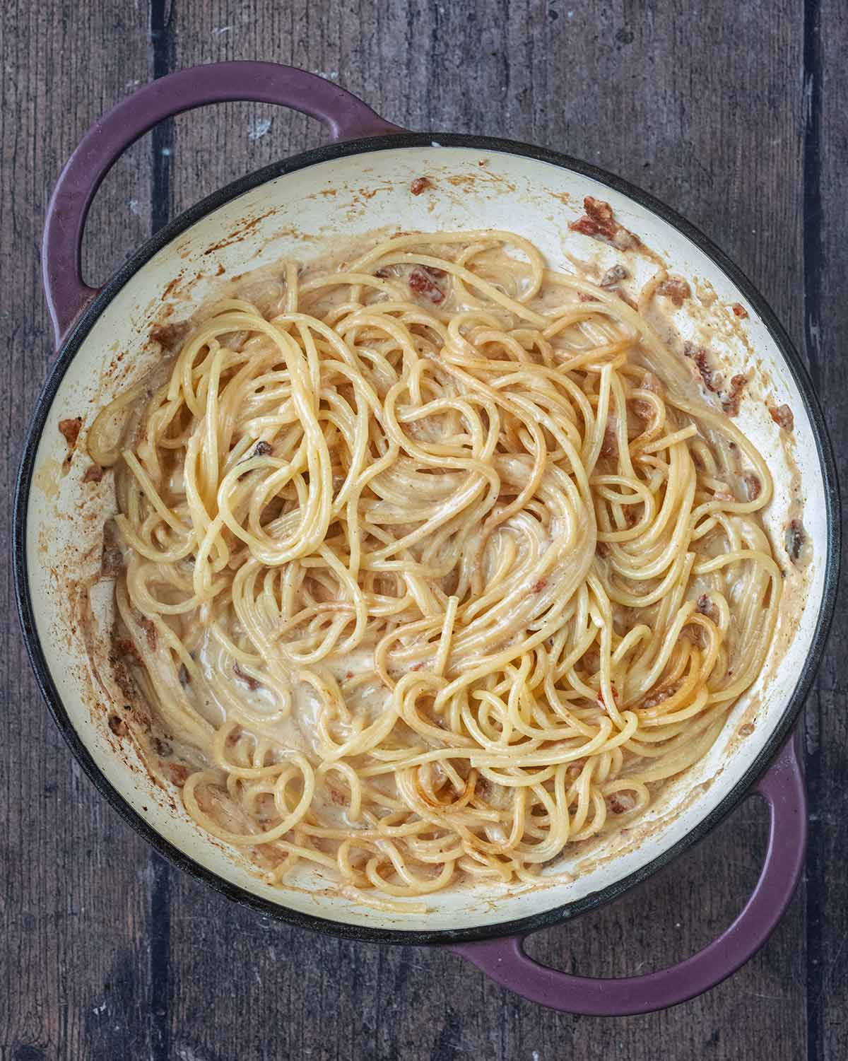 Everything mixed together in the pan.