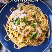 Lemon basil chicken with a text overlay title.