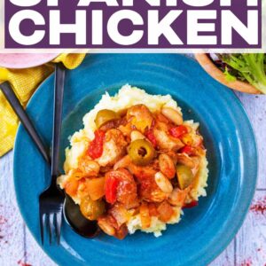 Slow cooker Spanish chicken with a text title overlay.
