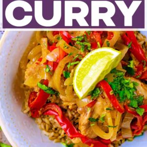 Slow cooker Thai chicken curry with a text title overlay.