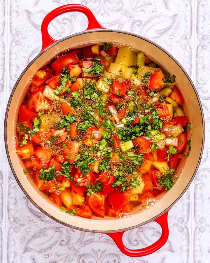 A large red pot containing chopped vegetables, water and herbs.