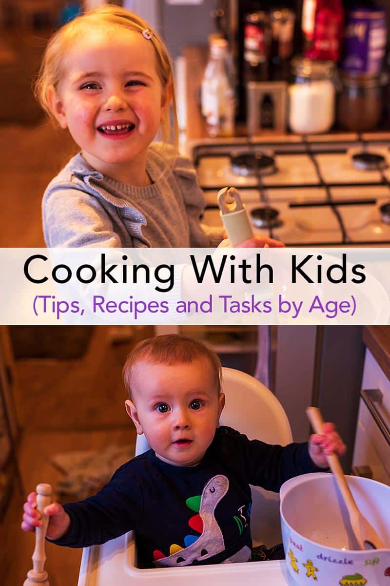 Two children in a kitchen with cooking utensils. Cooking with kids text overlay.