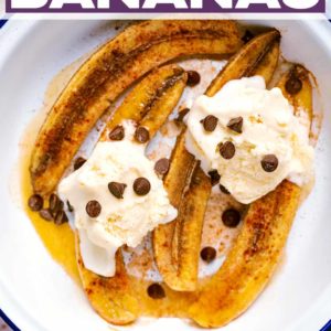 Honey baked bananas with a text title overlay.