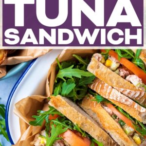 Loaded tuna sandwich with a text title overlay.