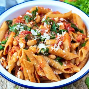 White Bean Pasta in a round blue and white serving dish.