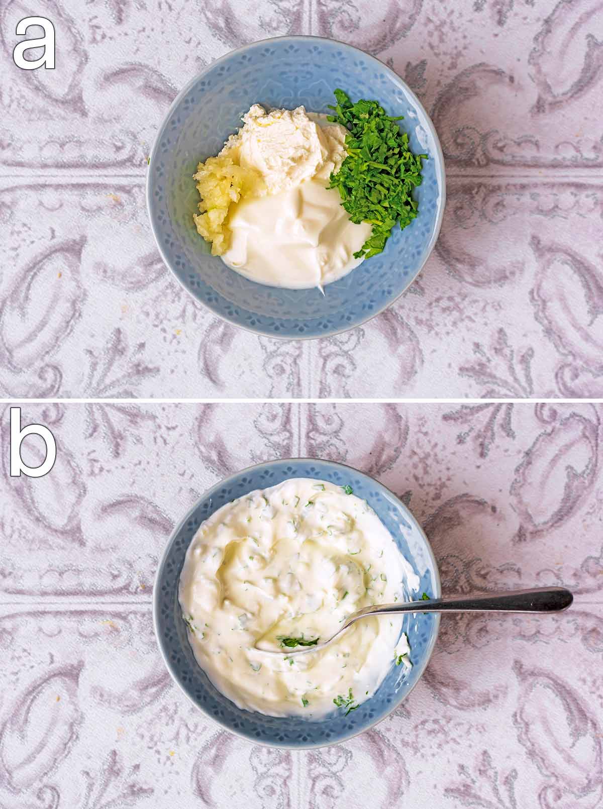 Two shot collage of a bowl of cream cheese, yogurt and herbs, before and after mixing.
