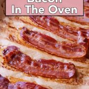 Oven cooked bacon with a text overlay title.