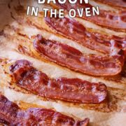 Oven cooked bacon with a text overlay title.