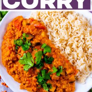 Easy lentil curry with a text overlay title.