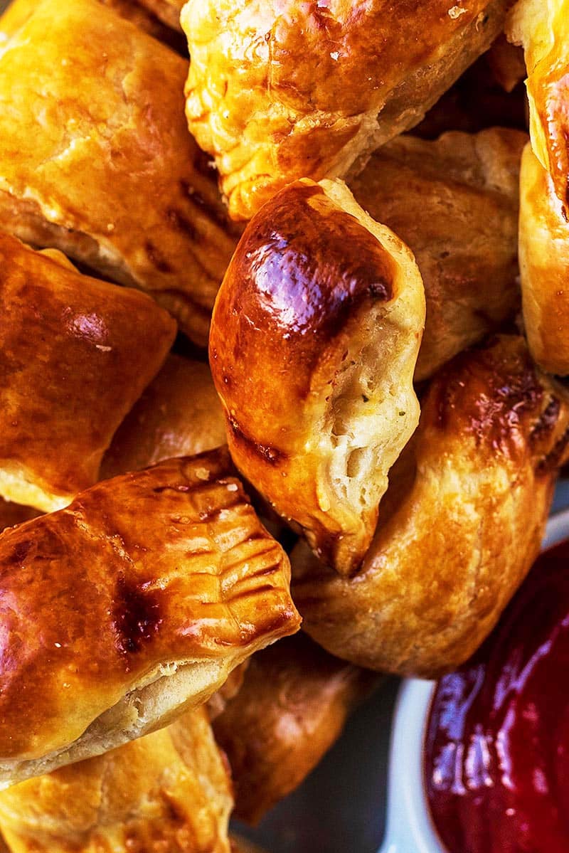 Sausage rolls with golden, shiny pastry
