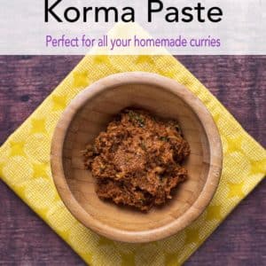 Korma curry paste in a small bowl with a text title overlay.