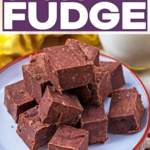 A plate of chocolate fudge cubes with a text title overlay.