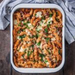 A baking dish full of bolognese pasta bake.