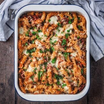 A baking dish full of bolognese pasta bake.