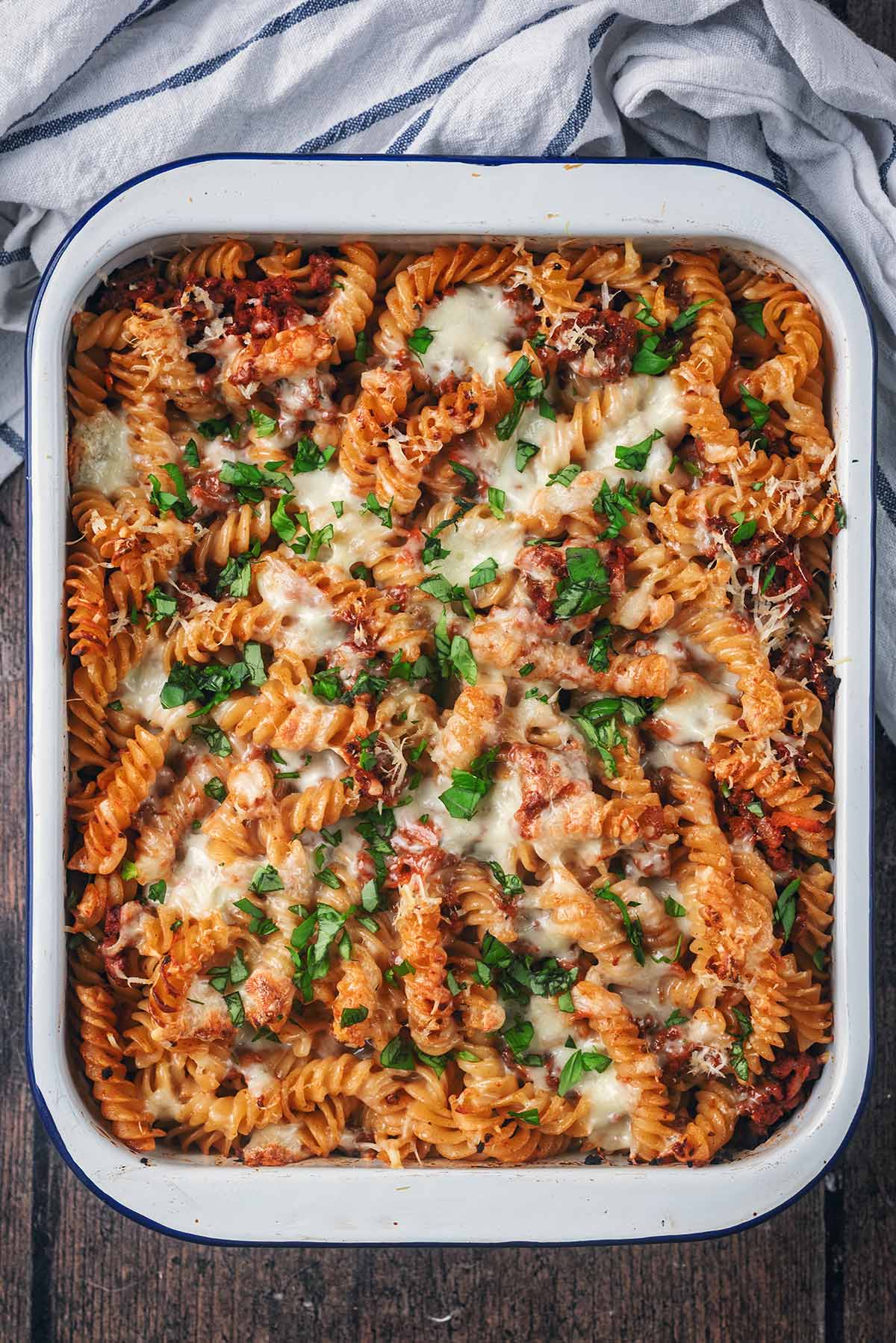 A baking dish containing a pasta bake.