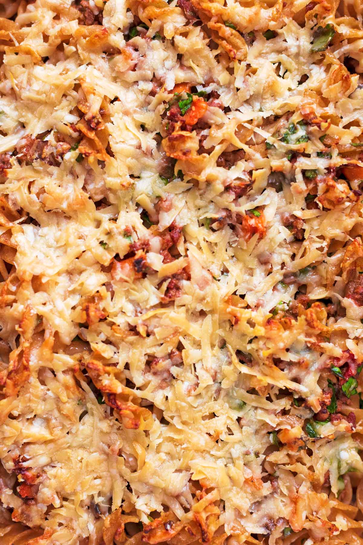 Grated cheese covering a pasta bake.