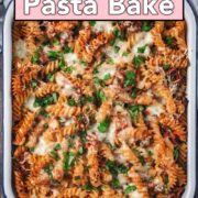 Bolognese pasta bake with a text overlay title.