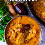 Lamb korma with a text overlay title.