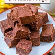Slow cooker chocolate fudge with a text title overlay.