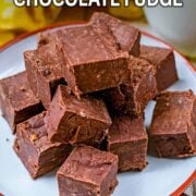 Slow cooker chocolate fudge with a text title overlay.