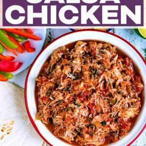 Slow cooker salsa chicken with a text title overlay.