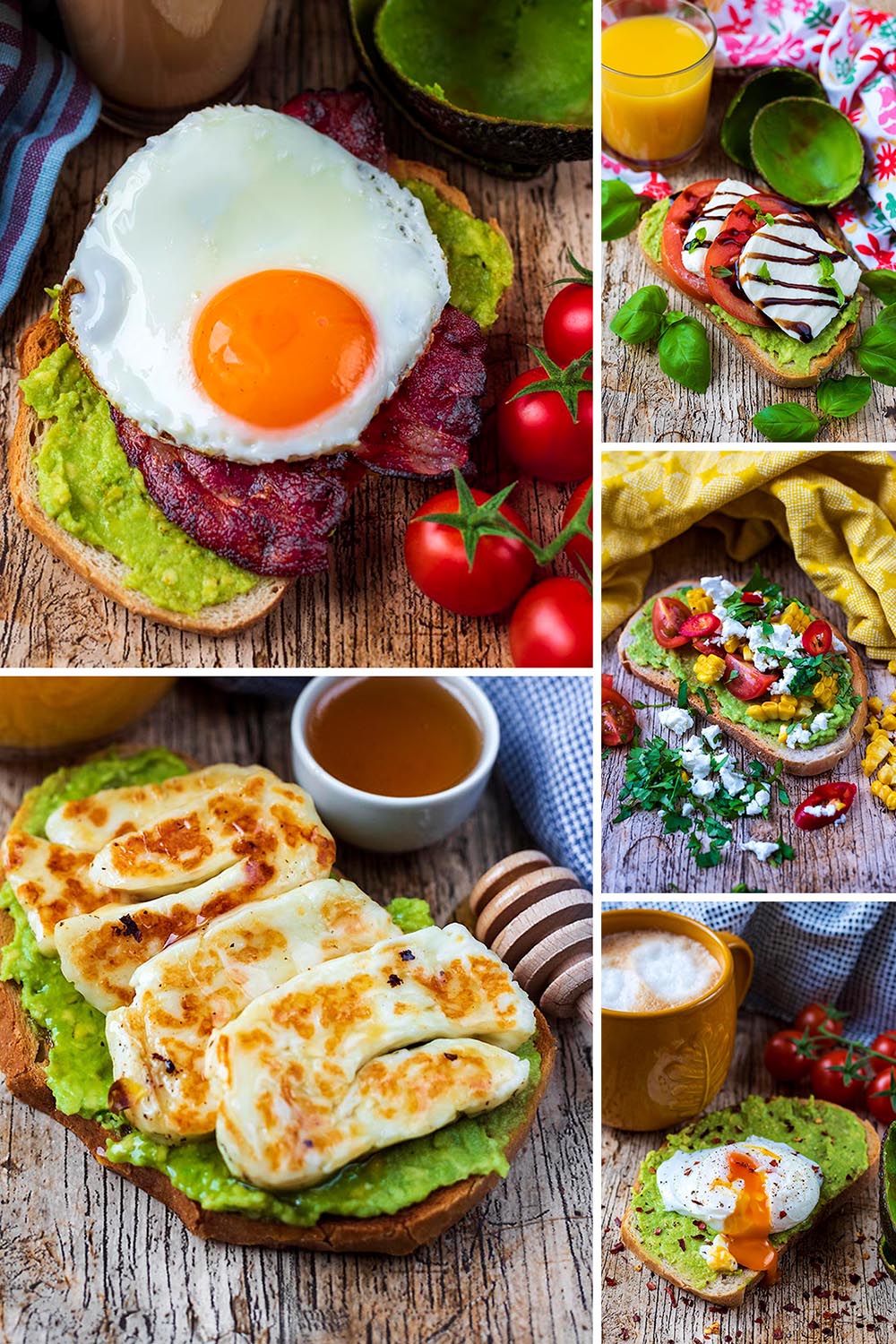 A collage of 5 different ways to have avocado on toast.