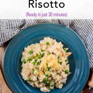 A bowl of chicken and pea risotto with a title text overlay.