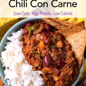 A bowl of chilli con carne and rice with a text title overlay.