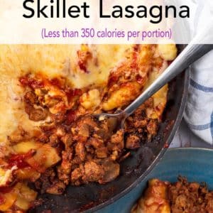 Skillet lasagna with a title text overlay.